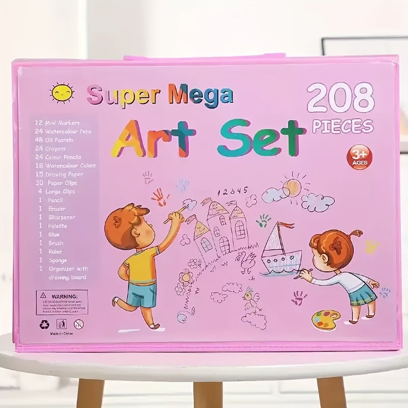 208-Piece Art Set for Kids – Drawing Kit with Fold-Out Board