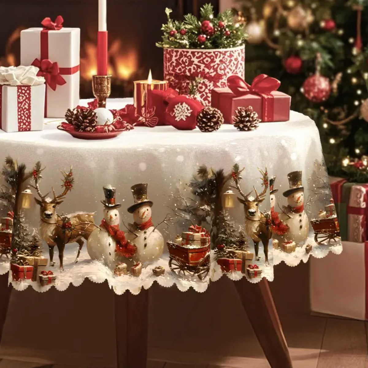 Christmas Tablecloth – Snowman & Reindeer, Machine Washable