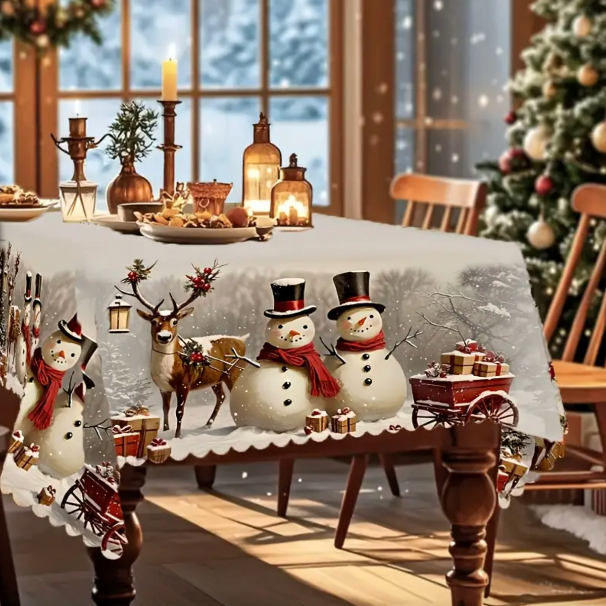 Christmas Tablecloth – Snowman & Reindeer, Machine Washable