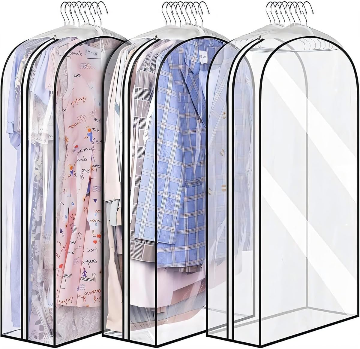 Clear gusseted garment covers with side zip for suits and dresses