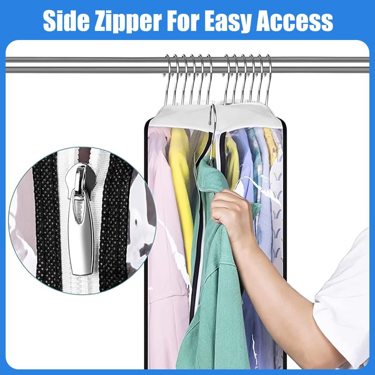 Clear gusseted garment covers with side zip for suits and dresses