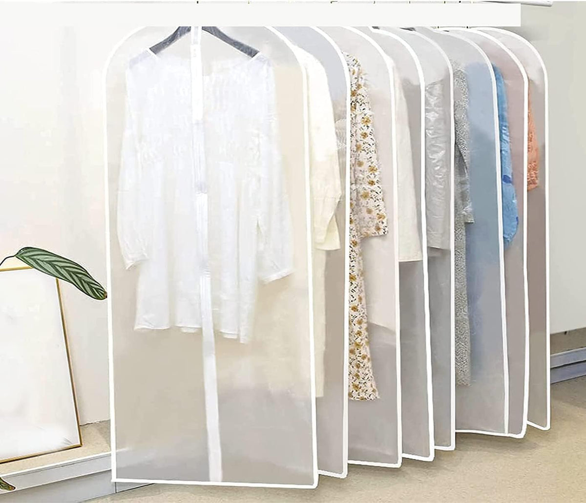 Clear breathable garment storage bags, set of five, with full-length zip