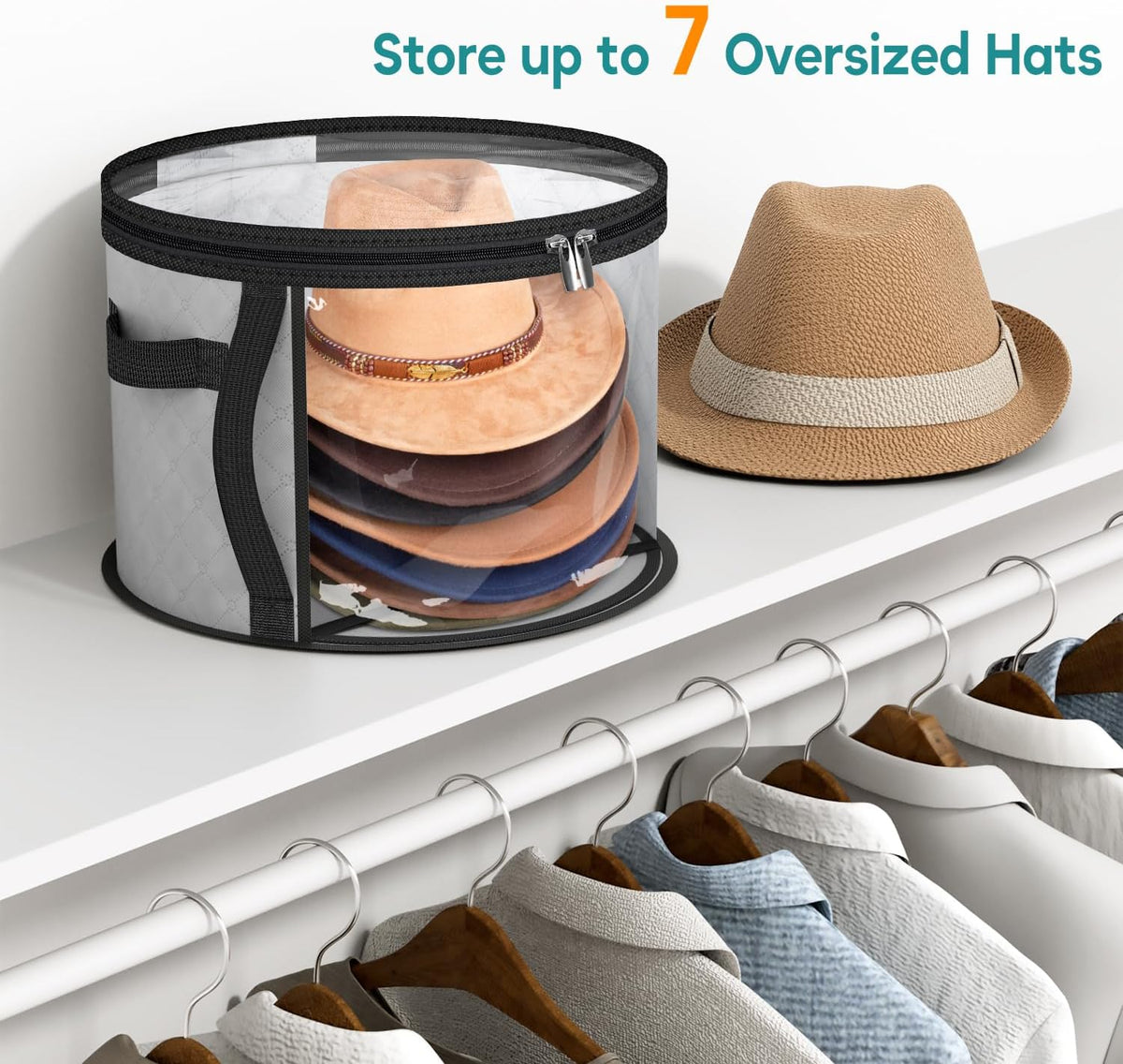 Clear hat storage organiser with dual zip for wide-brim hats