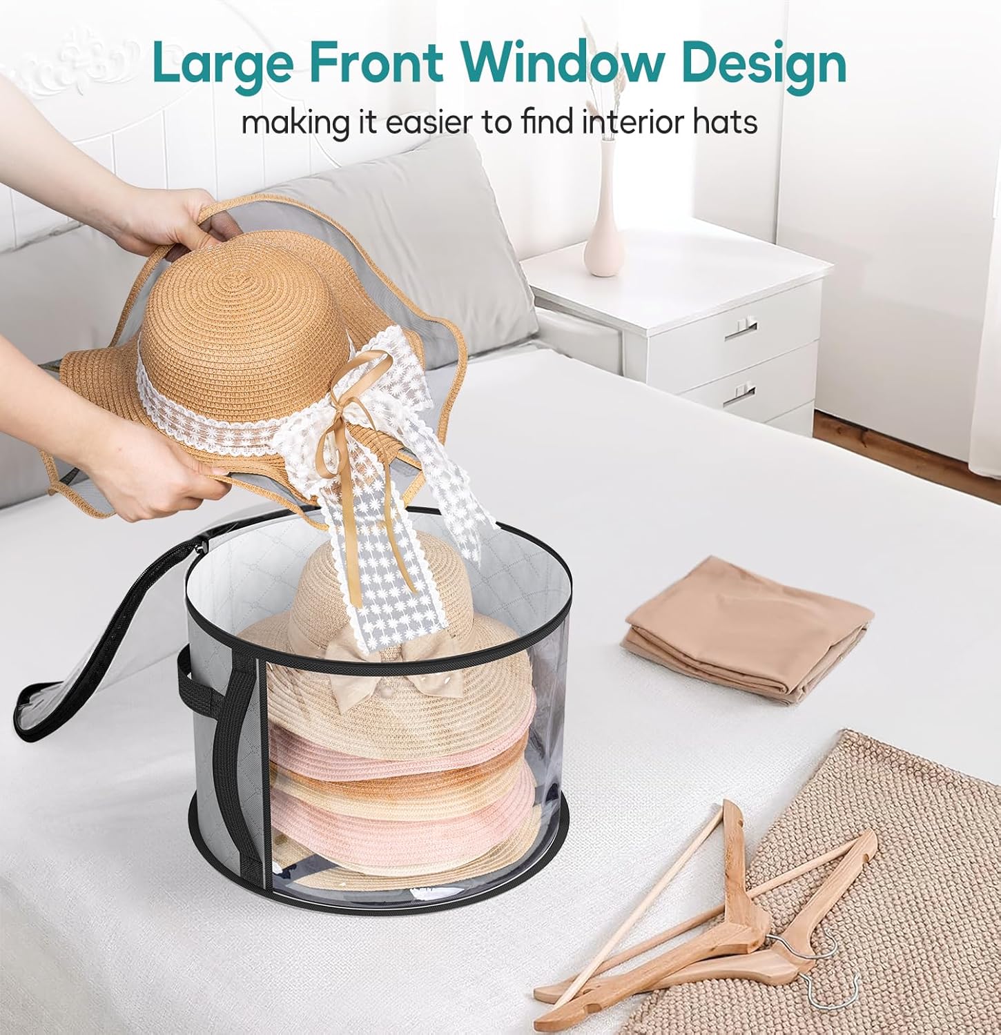 Clear hat storage organiser with dual zip for wide-brim hats