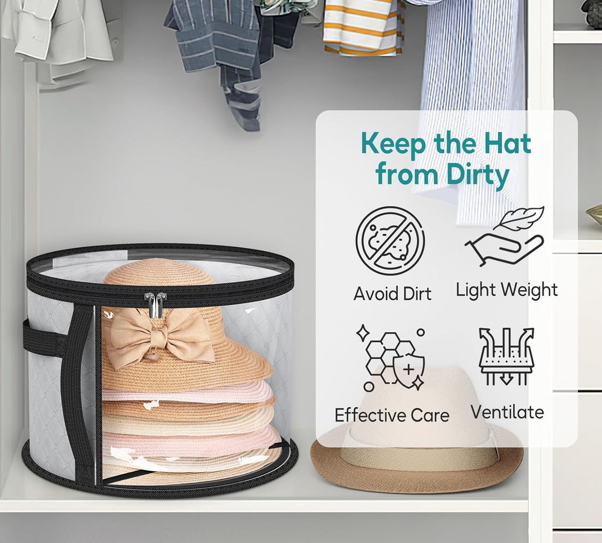 Clear hat storage organiser with dual zip for wide-brim hats