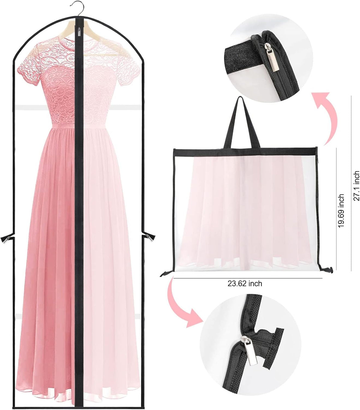 Extra-long garment bag with full-length zip and dual handles for gowns