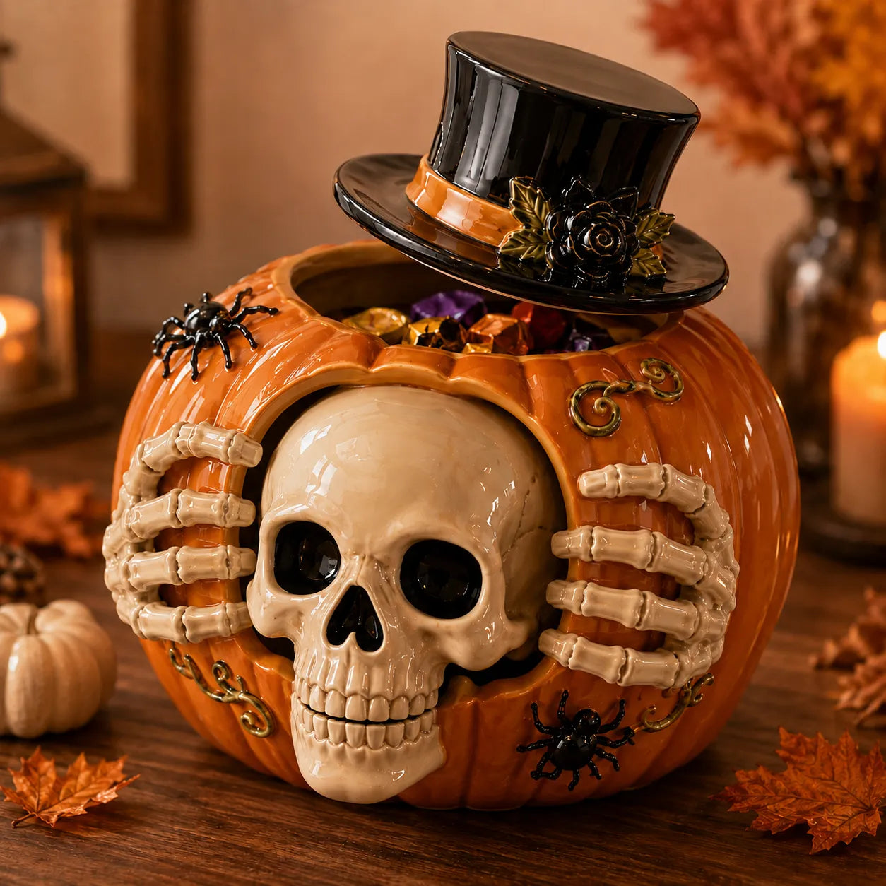 Halloween skull pumpkin candy jar