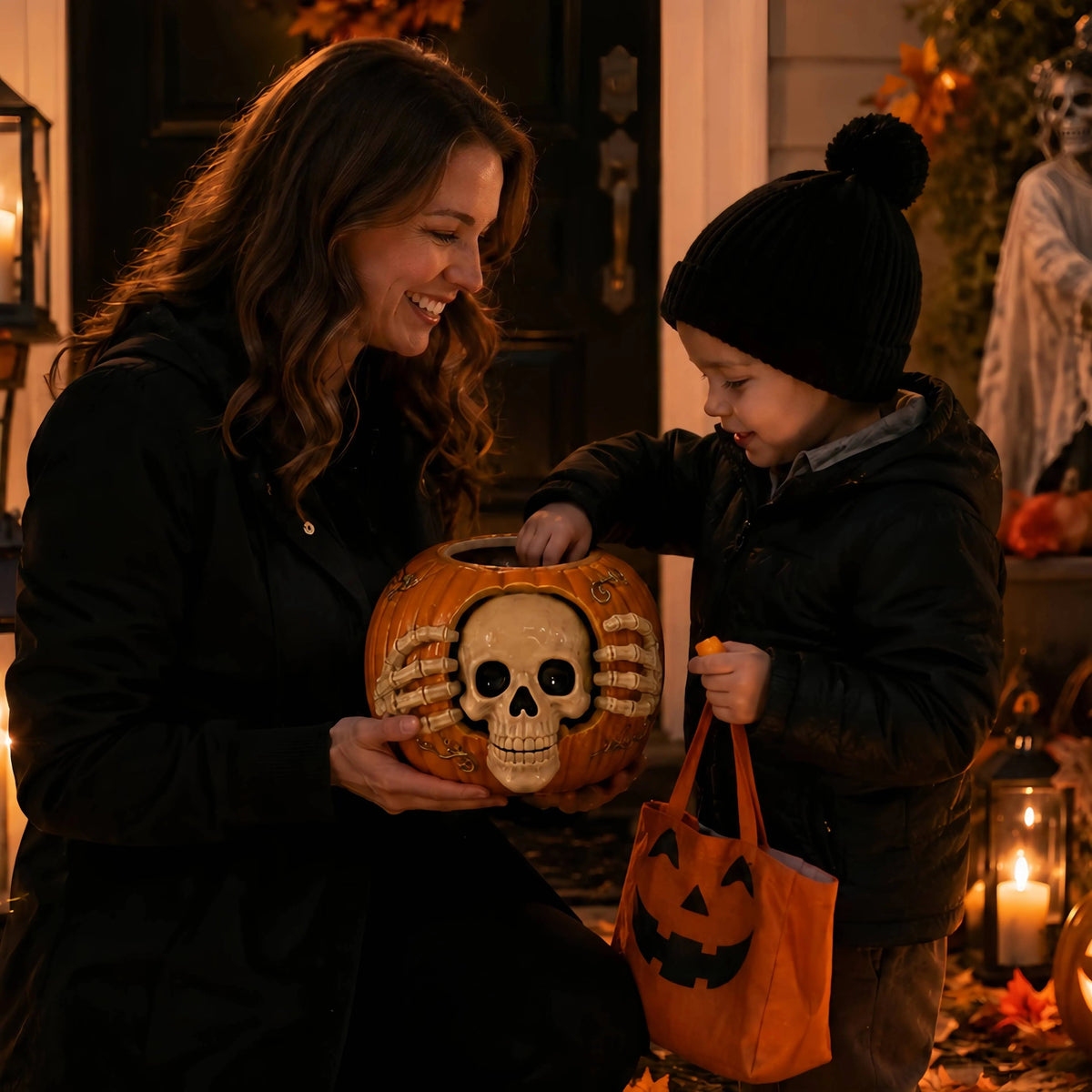 Halloween skull pumpkin candy jar