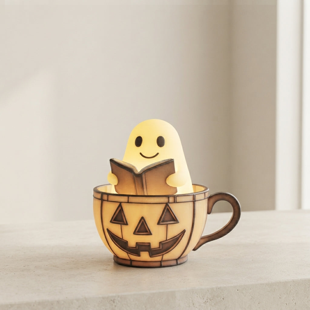 Lighted Halloween ghost figurine reading a book