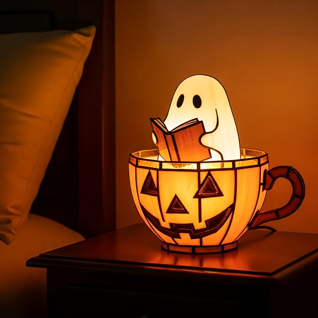 Lighted Halloween ghost figurine reading a book