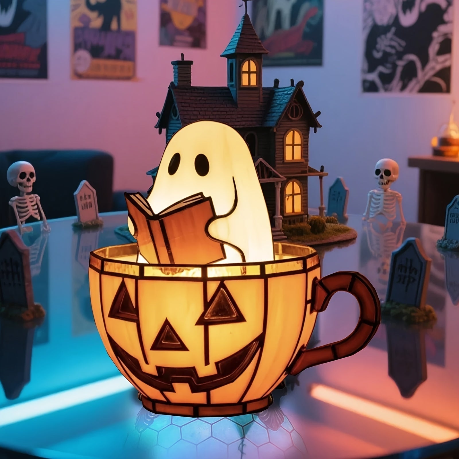 Lighted Halloween ghost figurine reading a book