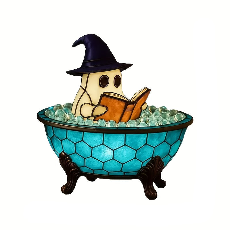 Lighted Halloween ghost figurine reading a book