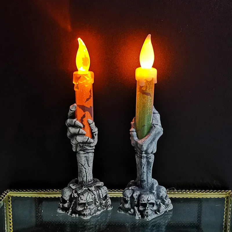 Halloween LED candles with skeleton-hand skull base