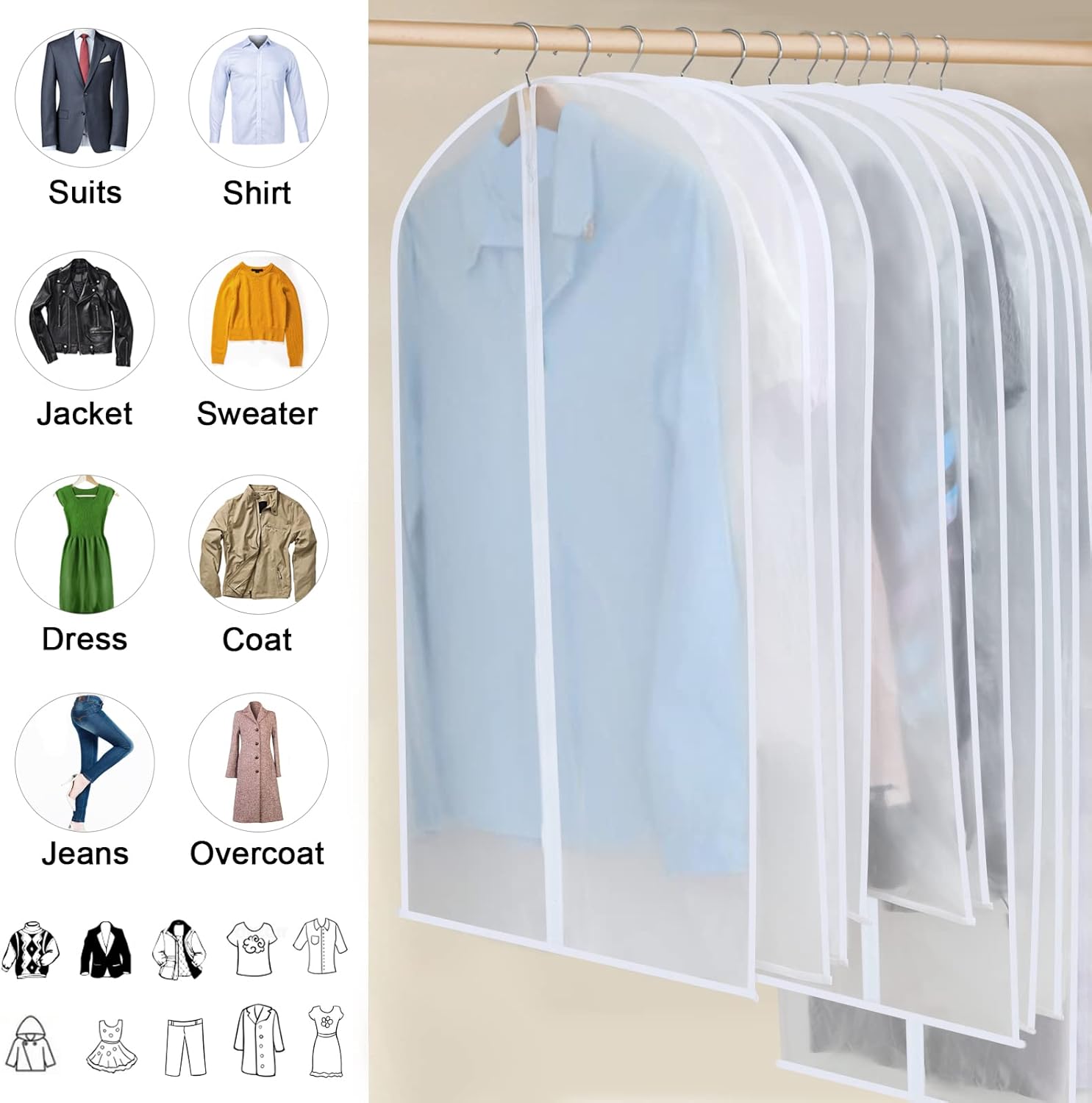 Hanging garment covers with full-length zip and anti-dust design