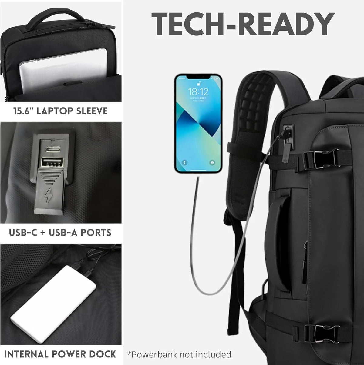 Water-resistant 15-inch laptop backpack with USB-C port and side access