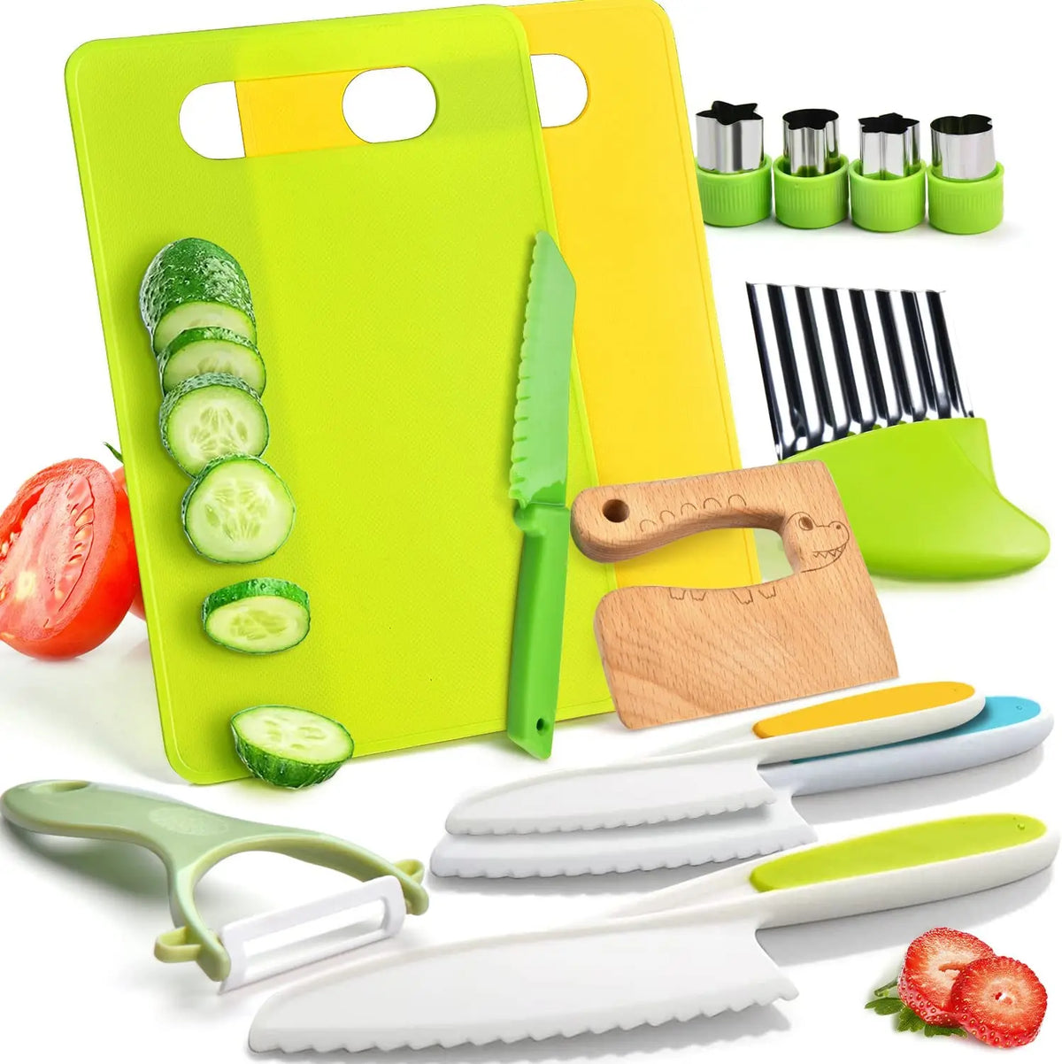 Wooden toy kitchen set with safe knives and peeler for kids