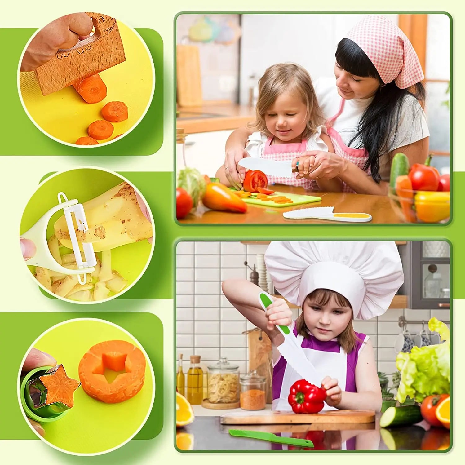 Wooden toy kitchen set with safe knives and peeler for kids