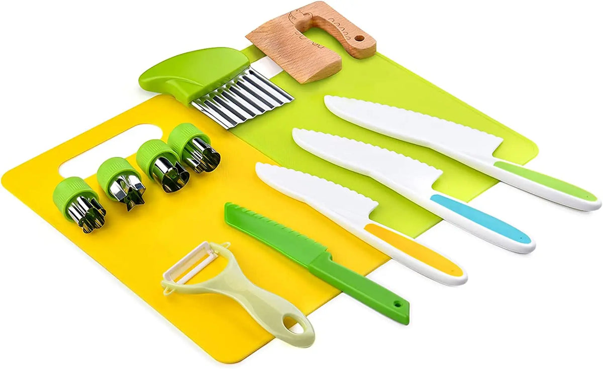 Wooden toy kitchen set with safe knives and peeler for kids