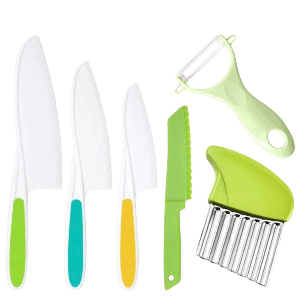 Wooden toy kitchen set with safe knives and peeler for kids